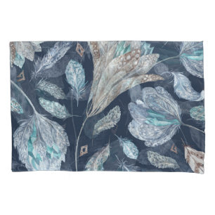 Boho Chic Feathers Flowers: Watercolor Dark Blue P Pillowcase