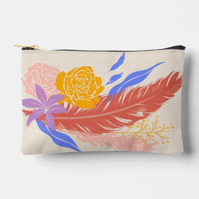 Boho Chic Floral and Feather Pattern Makeup Bag (Front)