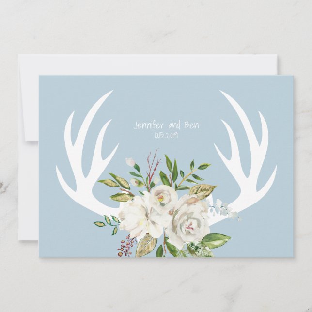 Boho Chic Floral Antlers Wedding Blue Thank You Card (Front)