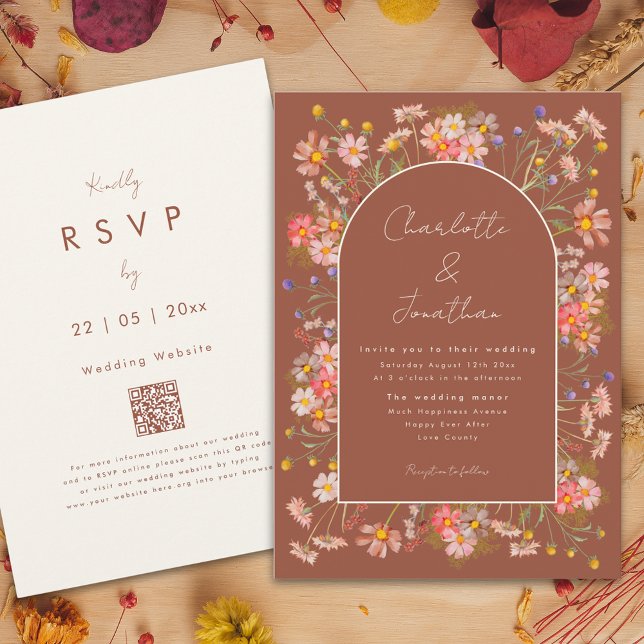 Boho Chic Floral Arch Burnt Orange Fall Wedding Invitation (Boho chic wildflower arch terracotta burnt orange fall wedding invitation )