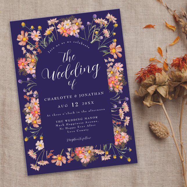 Boho Chic Floral Arch Fall Wedding Invitation (Elegant boho rustic floral navy blue fall wedding invitation Modern script watercolor wild flowers )