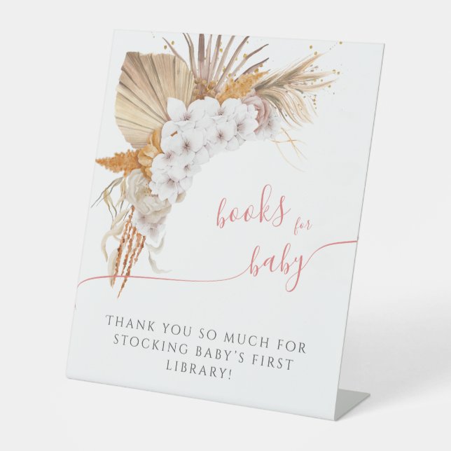 Boho Chic Floral Baby Shower Books For Baby Pedestal Sign (Front)