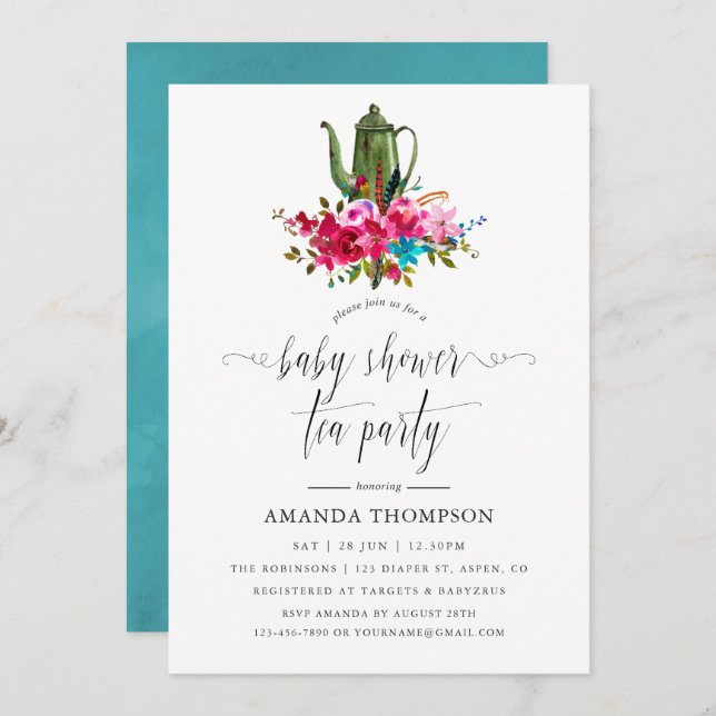 Boho Chic Floral Baby Shower Tea Party Invitation (Front/Back)