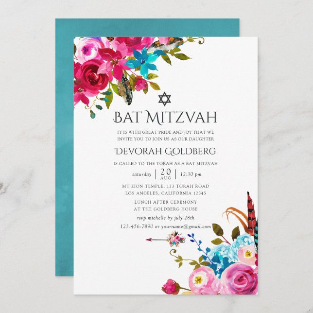 Boho Chic Floral Bat Mitzvah Invitation (Front/Back)