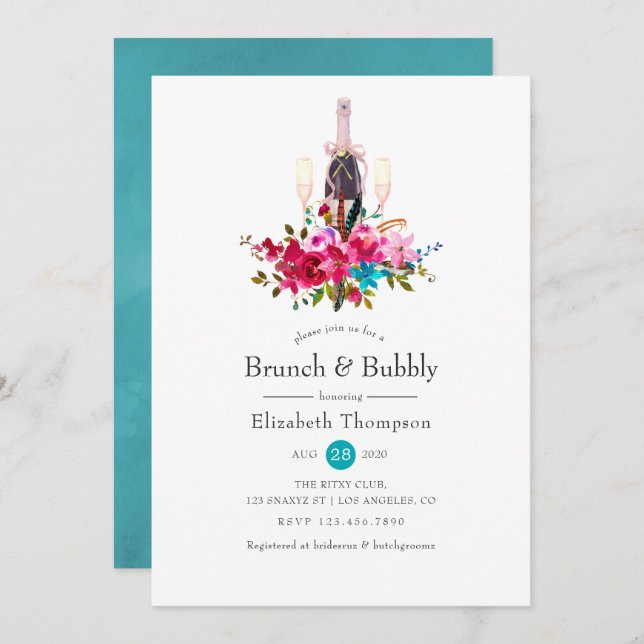 Boho Chic Floral Brunch and Bubbly Bridal Shower Invitation (Front/Back)