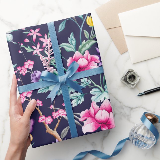 Boho Chic Floral & Butterflies Navy Wrapping Paper (Gifting)
