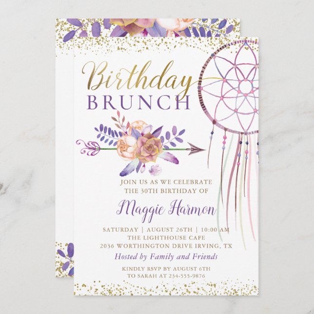 Boho Chic Floral Dreamcatcher Birthday Brunch Invitation (Front/Back)