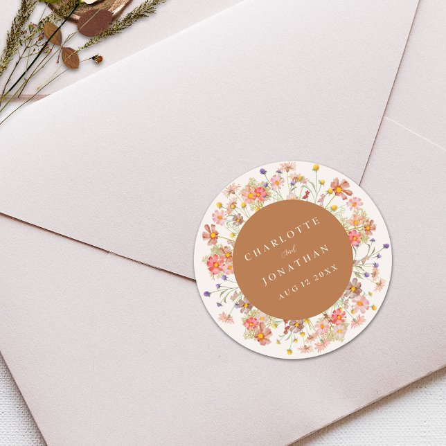 Boho Chic Floral Fall Wedding Classic Round Sticker (Boho floral custom fall wedding sticker Watercolor wildflowers elegant modern design brown beige )