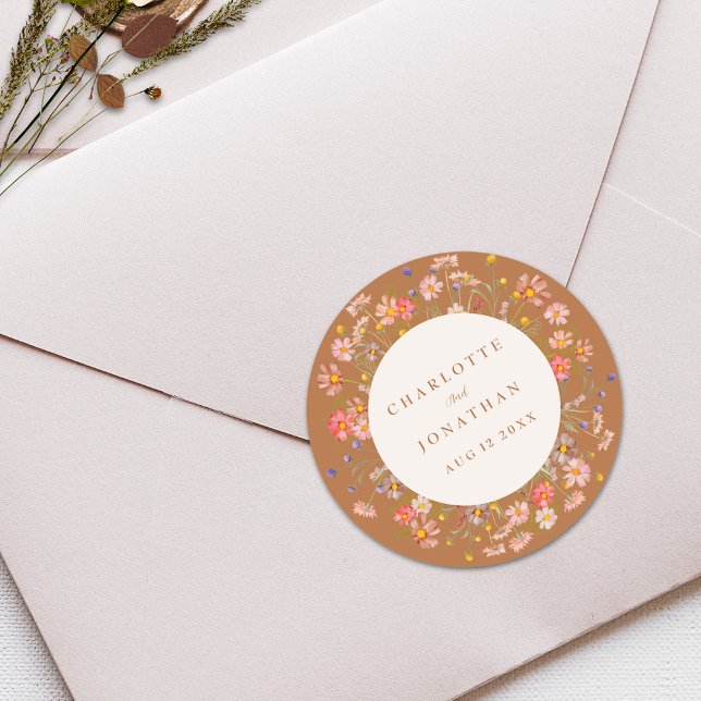 Boho Chic Floral Fall Wedding Classic Round Sticker (Boho rustic floral fall custom wedding stickers Watercolor wildflowers elegant modern terracotta )