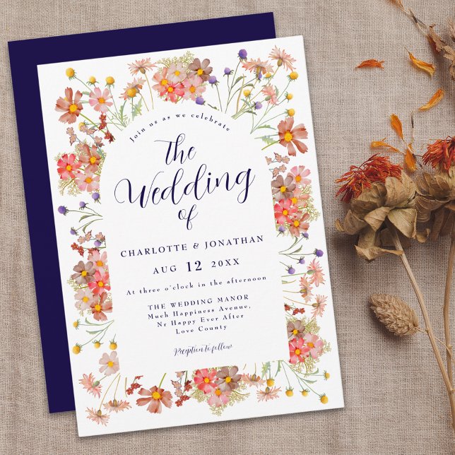 Boho Chic Floral Fall Wedding Invitation (Elegant boho rustic floral navy blue fall wedding invitation Watercolor wildflowers modern script )