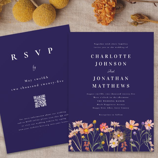 Boho Chic Floral Fall Wedding Invitation (Boho rustic floral navy blue fall wedding invitation Watercolor wild flowers elegant modern )