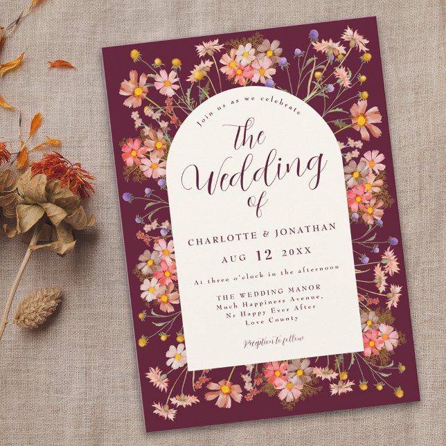 Boho Chic Floral Fall Wedding Invitation (rustic wildflower arch elegant burgundy fall wedding invitation Elegant script watercolor florals)