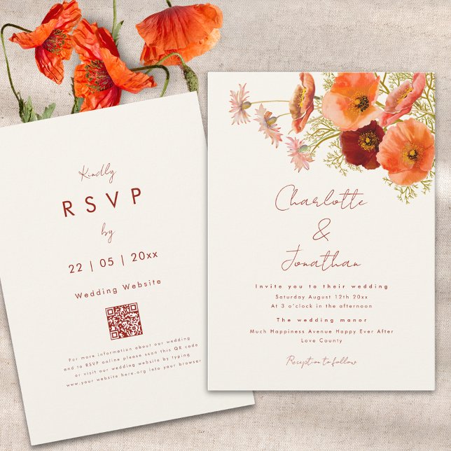 Boho Chic Floral Fall Wedding Invitation (Boho floral fall wedding invitation with qr code orange peach and burnt orange script)