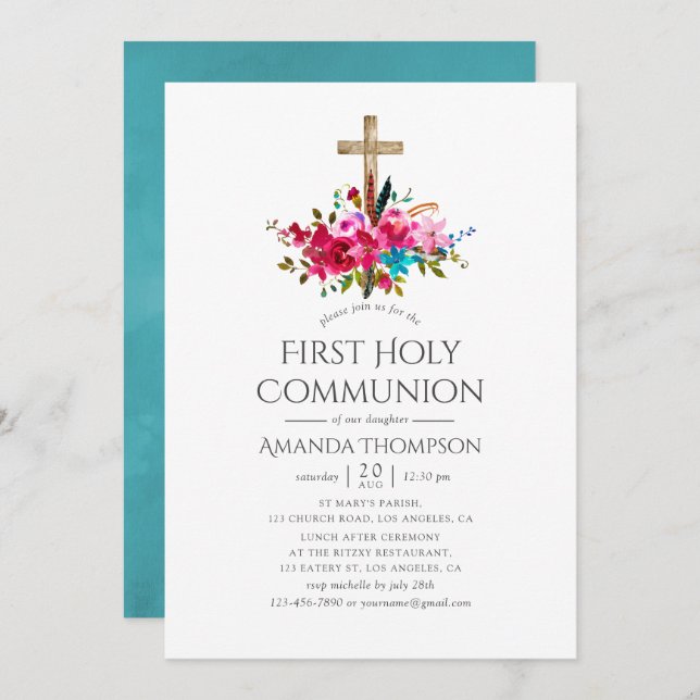 Boho Chic Floral First Holy Communion Invitation (Front/Back)