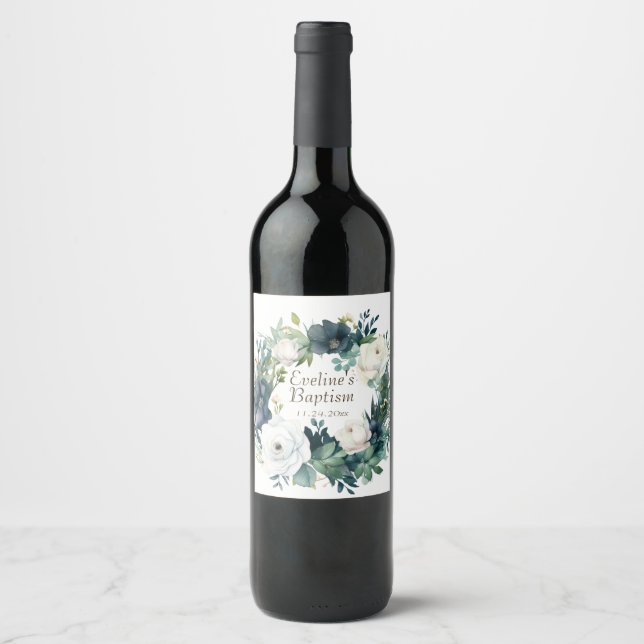 Boho Chic Floral Girls Baptism Wine Label (Front)