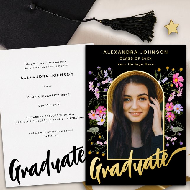 Boho Chic Floral Graduate Photo Arch Script Gold (Boho floral graduate photo arch pink black and gold foil script Graduation announcement card)