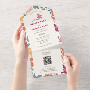 Boho Chic Floral Mid Century Retro Wedding All In One Invitation