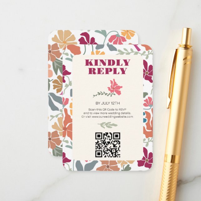 Boho Chic Floral Mid Century Retro Wedding Enclosure Card (Front/Back In Situ)