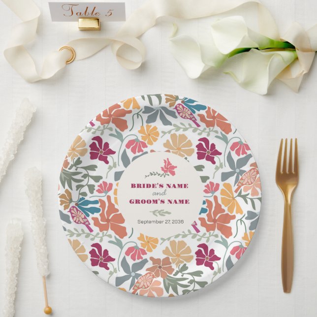 Boho Chic Floral Mid Century Retro Wedding Paper Plate (Wedding)