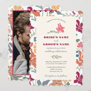 Boho Chic Floral Mid Century Retro Wedding Photo Invitation