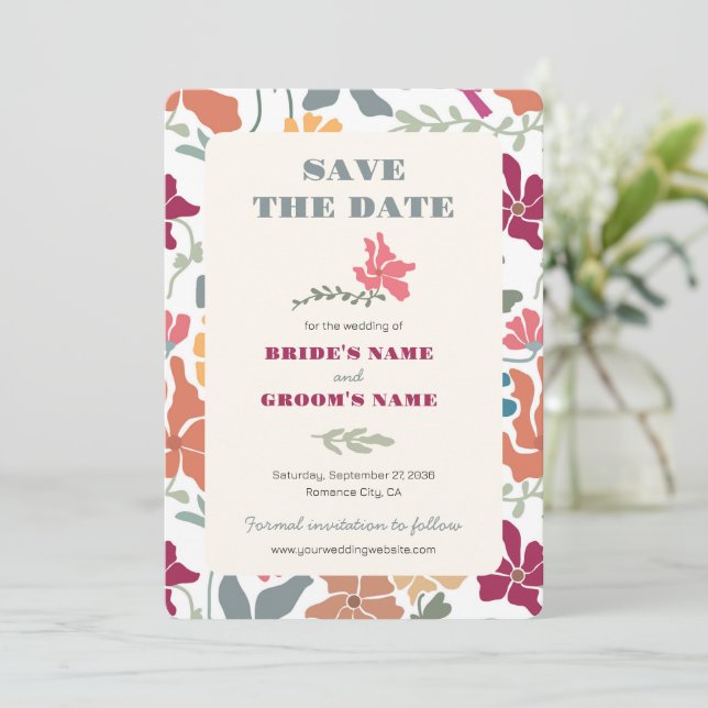 Boho Chic Floral Mid Century Retro Wedding Save The Date (Standing Front)