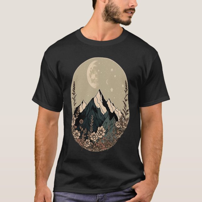 Boho Chic Floral Moon Mountain T-Shirt (Front)