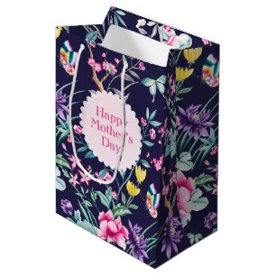 Boho Chic Floral Pattern Navy Blue Mother's Day Medium Gift Bag