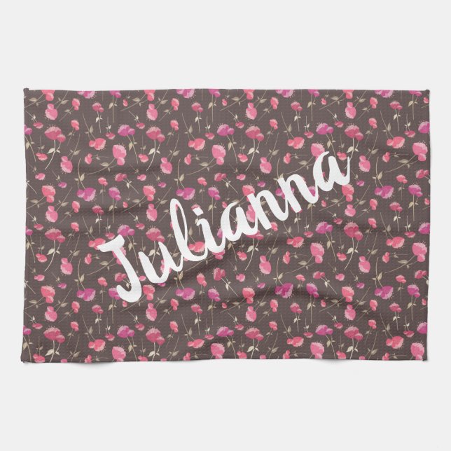 Boho Chic Floral Pattern Pink Brown Personalised  Tea Towel (Horizontal)