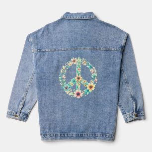 Boho Chic Floral Peace Sign Blue Jean Coat Denim Jacket