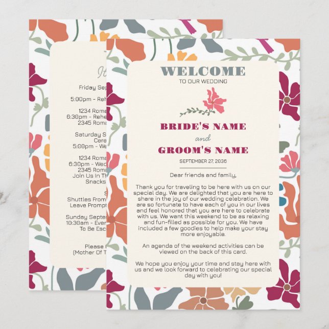 Boho Chic Floral Retro Wedding Itinerary Programme (Front/Back)