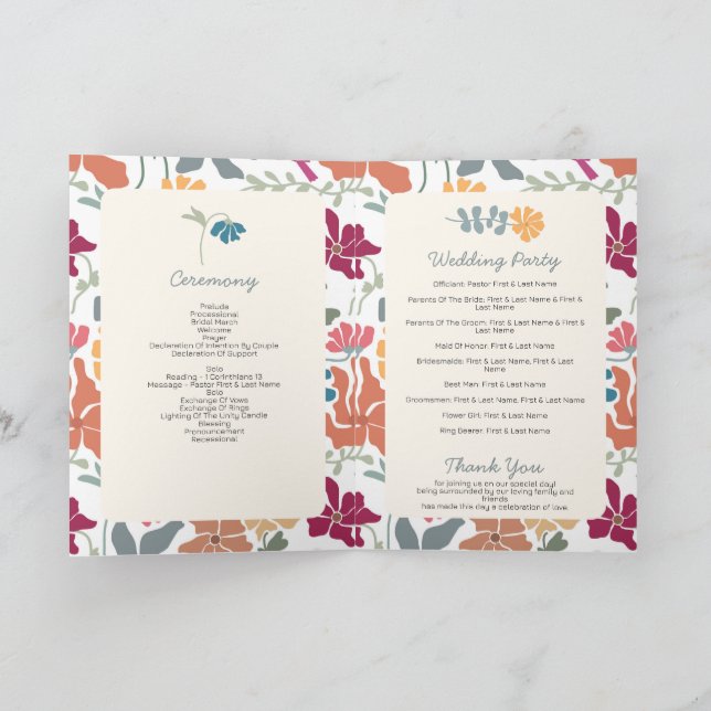 Boho Chic Floral Retro Wedding Order of Service Programme (Inside)
