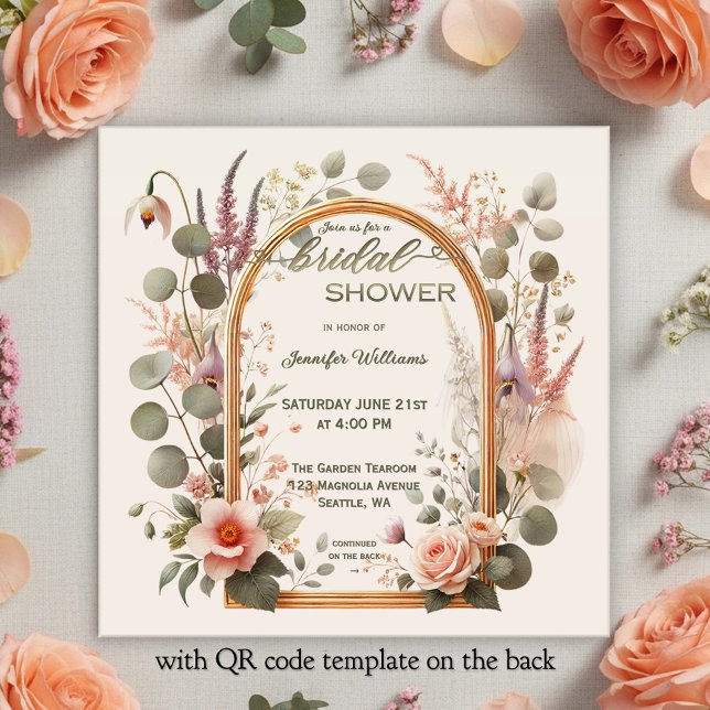 Boho Chic Floral Rose Gold Arch Bridal Shower Invitation (Bohemian bridal shower invitation featuring a watercolor flower arrangement around a rose gold arch)