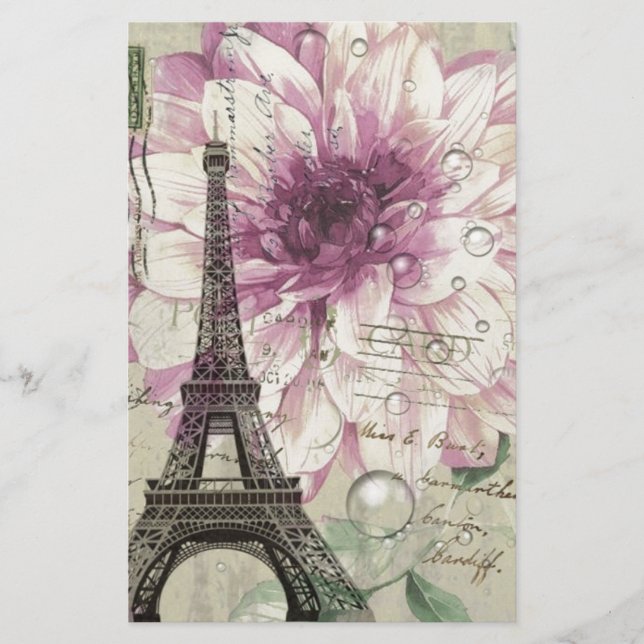 Boho Chic floral Vintage Paris Eiffel Tower Stationery (Front)