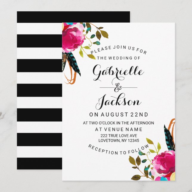 Boho Chic Floral Watercolor Wedding Invitations (Front/Back)