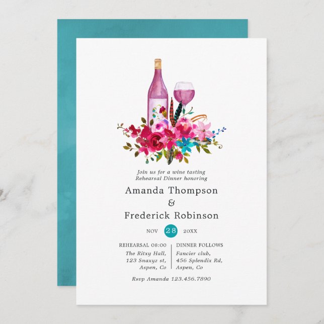 Boho Chic Floral Wine Tasting Rehearsal Dinner Invitation (Front/Back)