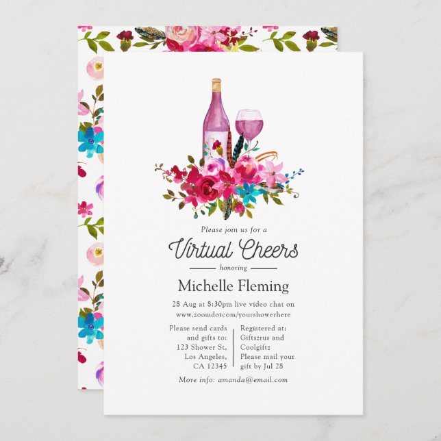 Boho Chic Floral Wine Themed Virtual Bridal Shower Invitation (Front/Back)