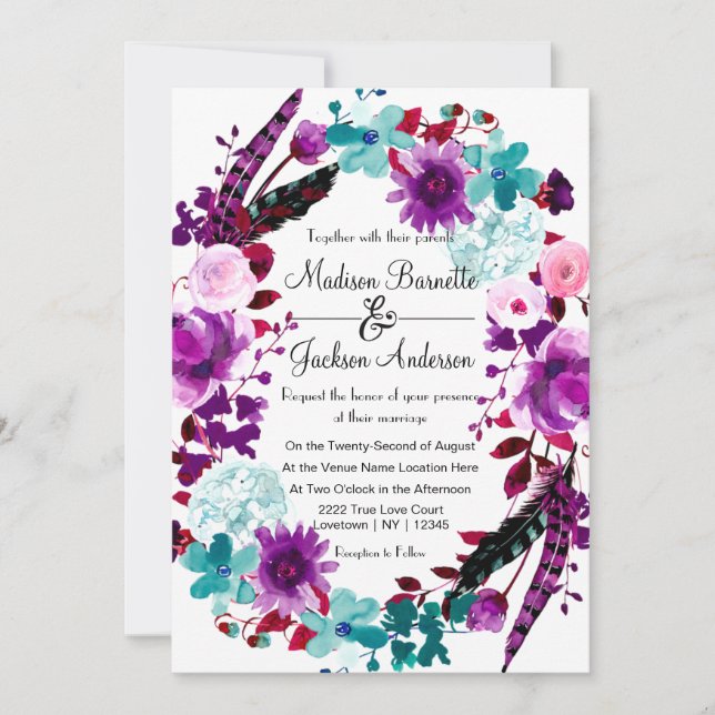 Boho Chic Floral Wreath Purple Wedding Invitation (Front)