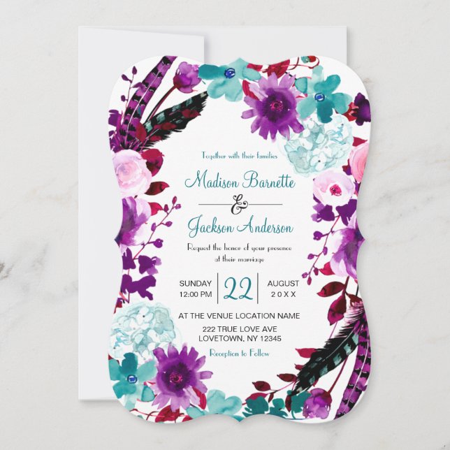 Boho Chic Floral Wreath Purple Wedding Invitation (Front)