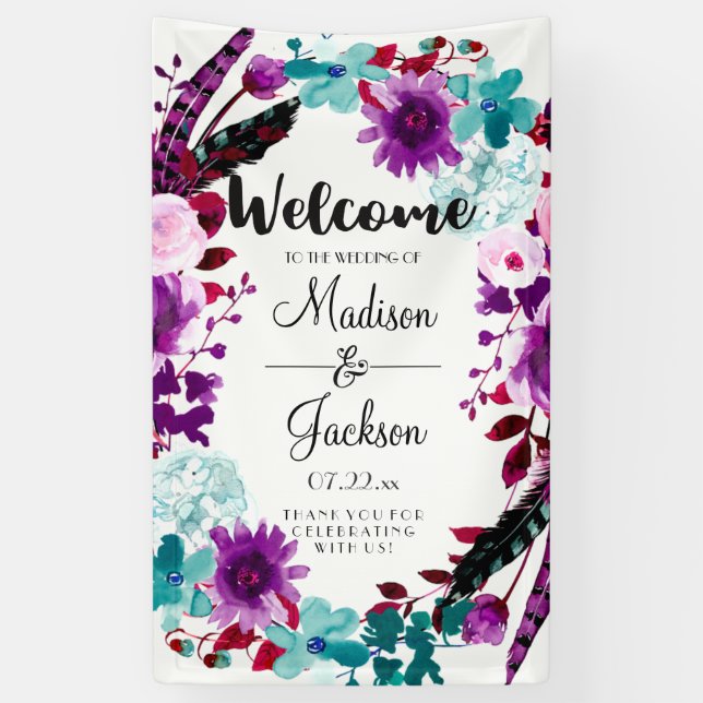 Boho Chic Floral Wreath Purple Wedding Welcome Banner (Vertical)