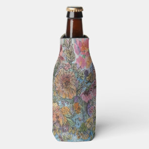Boho Chic Flower Garden Watercolor Painting  Bottle Cooler