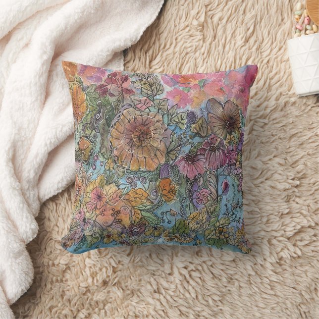 Boho Chic Flower Garden Watercolor Painting  Cushion (Blanket)