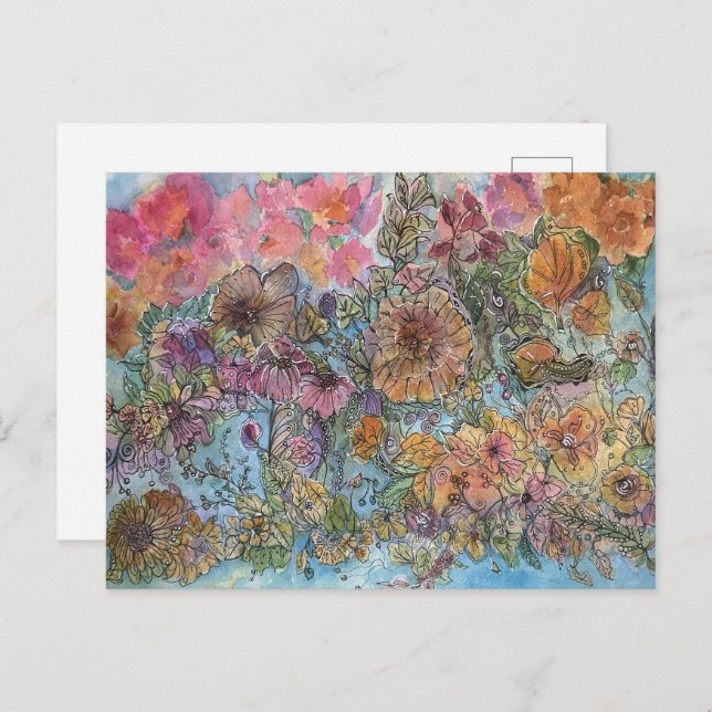 Boho Chic Flower Garden Watercolor Painting  Postcard (Front/Back)