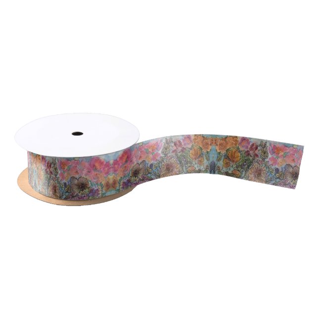 Boho Chic Flower Garden Watercolor Painting  Satin Ribbon (Spool)