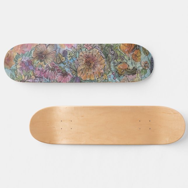 Boho Chic Flower Garden Watercolor Painting  Skateboard (Horz)