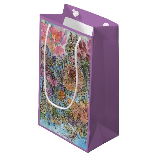 Boho Chic Flower Garden Watercolor Painting  Small Gift Bag (Front Angled)