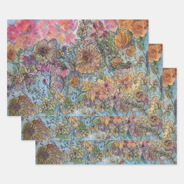Boho Chic Flower Garden Watercolor Painting  Wrapping Paper Sheet (Set)