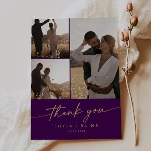 Boho Chic Gold and Purple Wedding Photo Collage Thank You Card