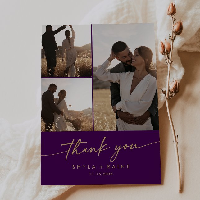 Boho Chic Gold and Purple Wedding Photo Collage Thank You Card (Boho Chic Gold and Purple Wedding Photo Collage Thank You Card)