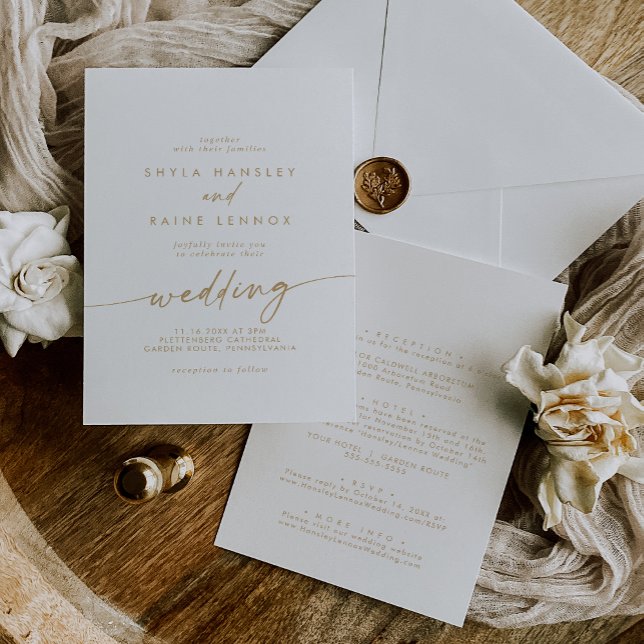 Boho Chic Gold and White Front and Back Wedding Invitation (Creator Uploaded)