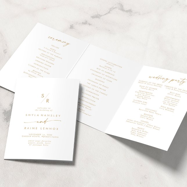 Boho Chic Gold and White Monogram Wedding Tri-Fold Programme (Creator Uploaded)
